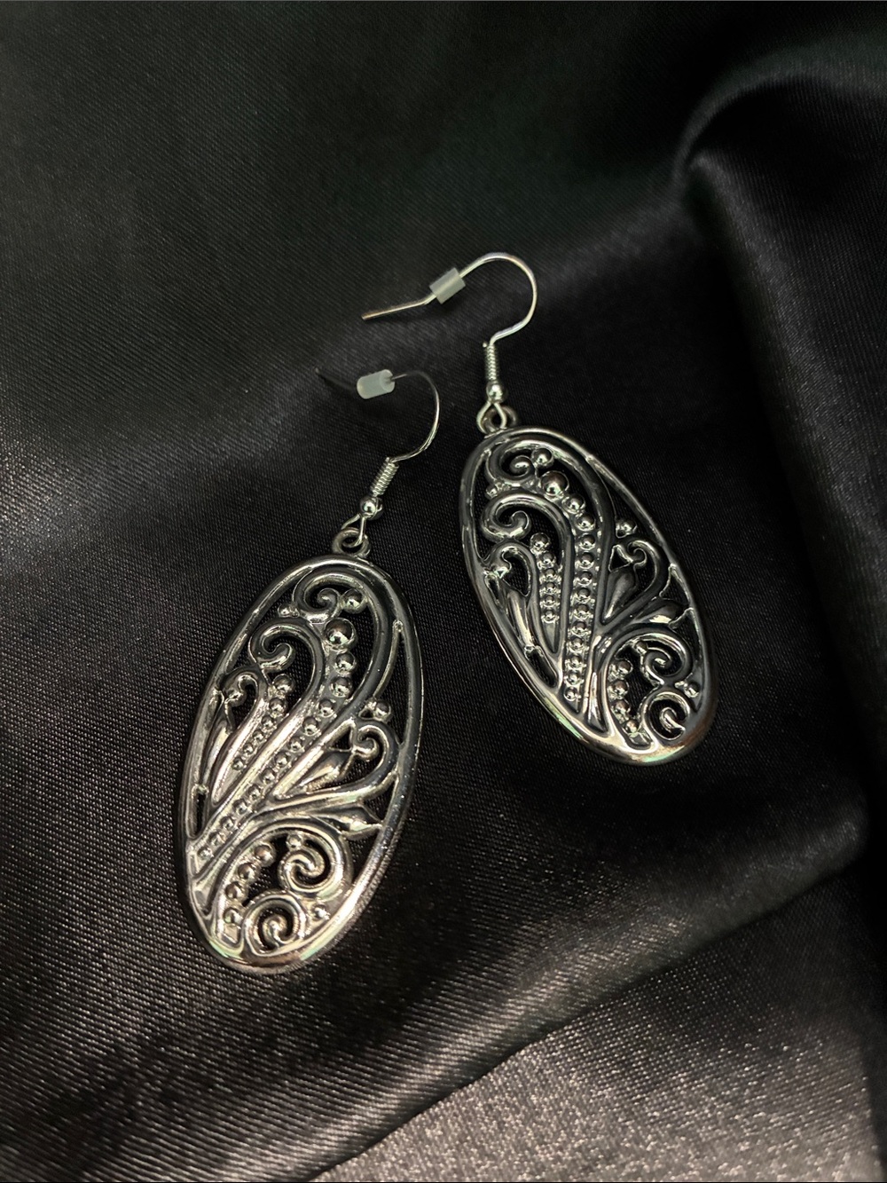 Ornate Silver Oval Filigree Drop Earrings - Women Jewelry